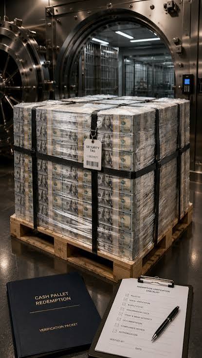 Pallet of shrink-wrapped cash inside a bank vault